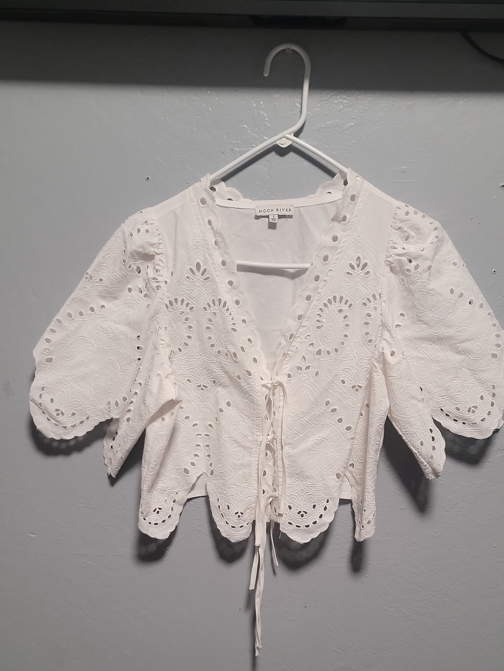 Moon River White Eyelet Tie-Front Peplum Blouse